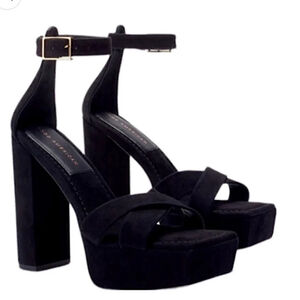Good American Black Suede Ankle Strap Chunky Platform Sandal Heels Size 9